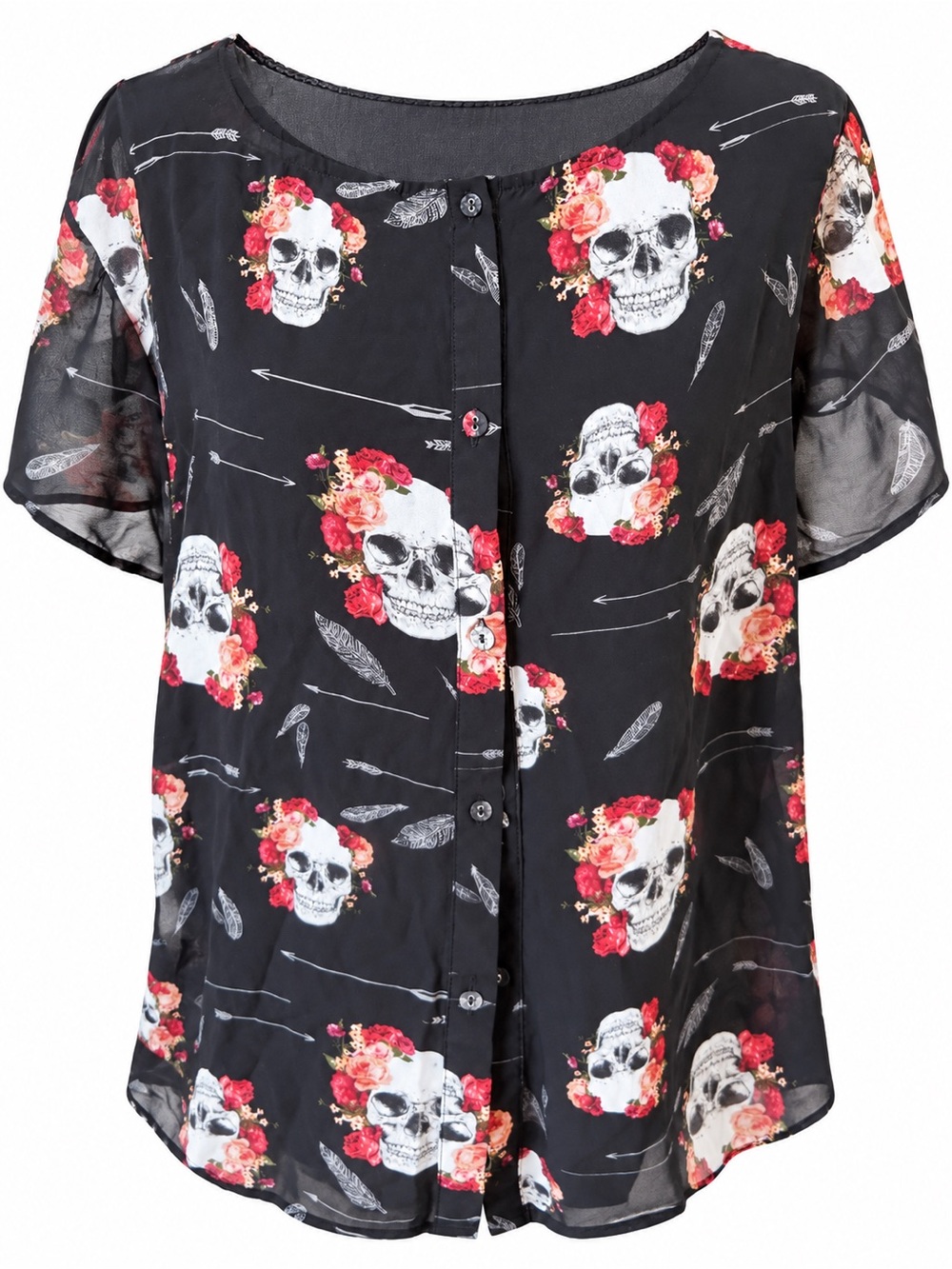 Torrid Black Floral Skull Print Sheer Button Front Blouse Size 1